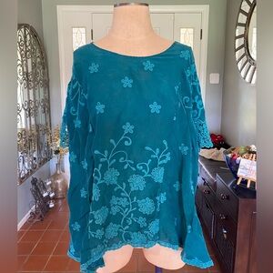 Johnny Was Teal Neneti Embroidered Top